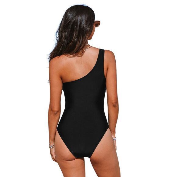 Cupshe Women's Black One Shoulder Tummy Control Cut Out One Piece Swimsuit L - Picture 2 of 7